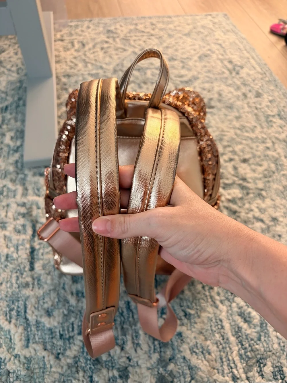 Disney Parks Loungefly Rose Gold Sequin Minnie Ears Backpack